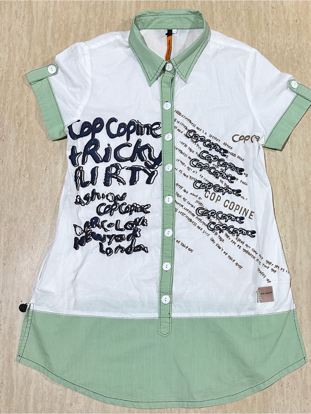 Cop.Copine White Button-Front Shirt with Light Green Trim